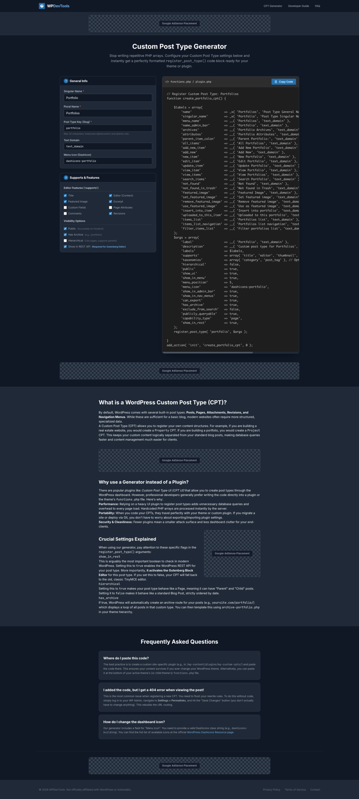 WordPress Custom Post Type (CPT) Code Generator